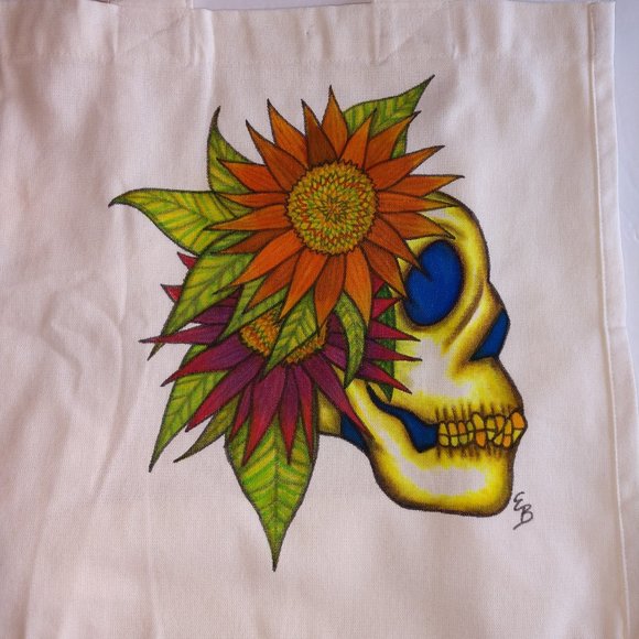 Painted Tote Bag With Hand Drawn Skull and Fall Sunflowers 14x13x7 Handmade NWT - Picture 1 of 16